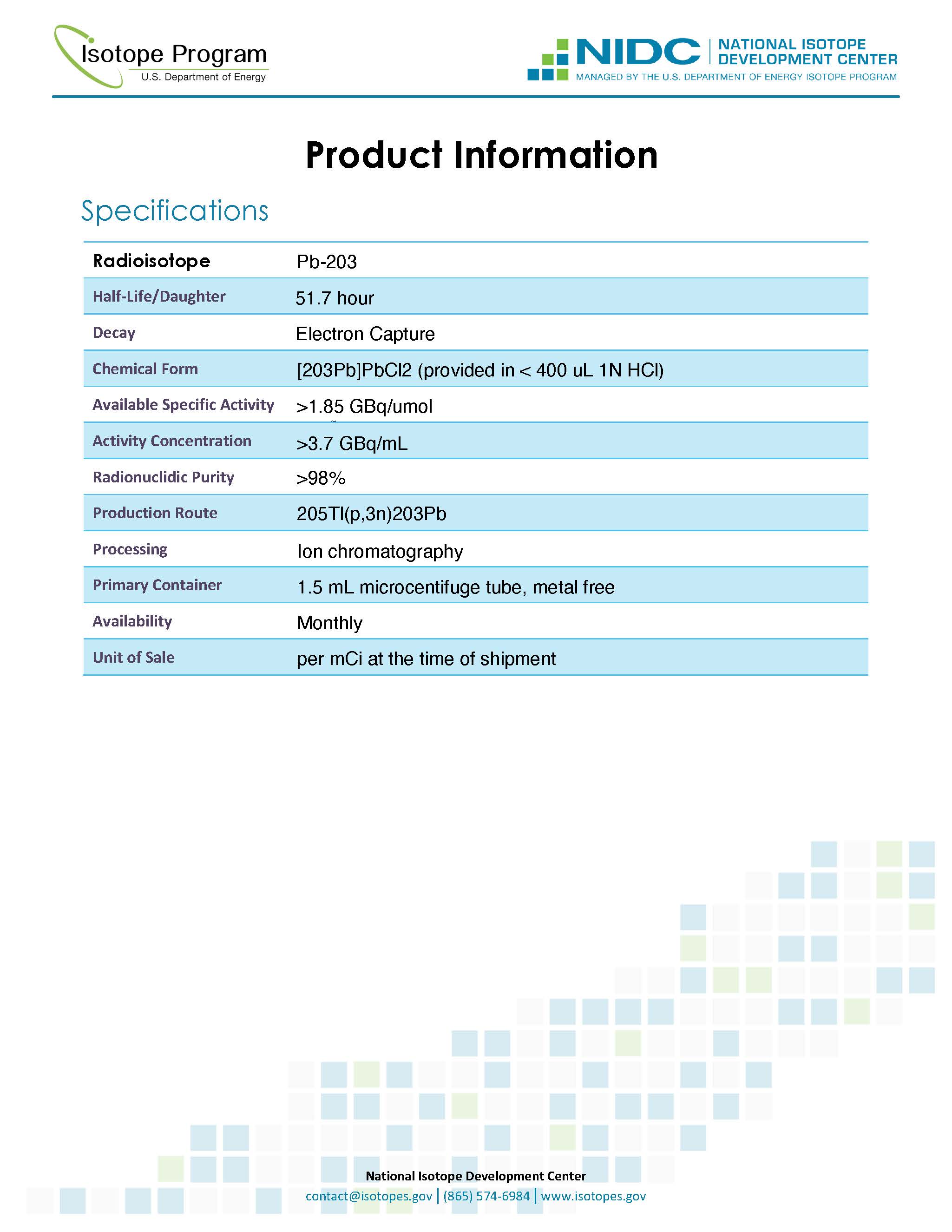 Product Catalog NIDC National Isotope Development Center